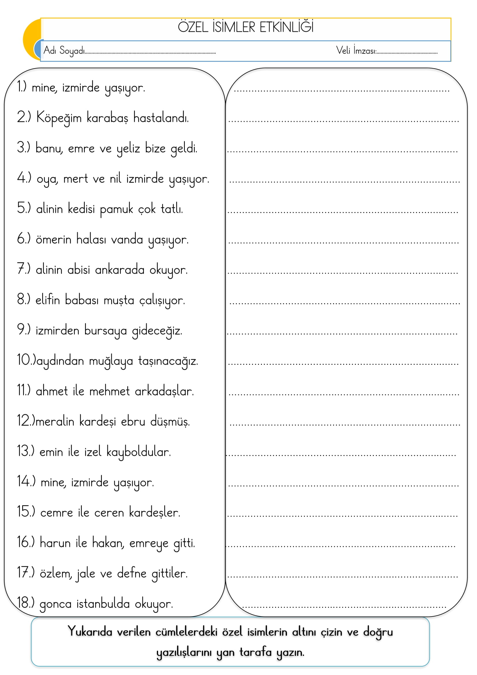 1. Sınıf Türkçe Özel İsimler Etkinliği