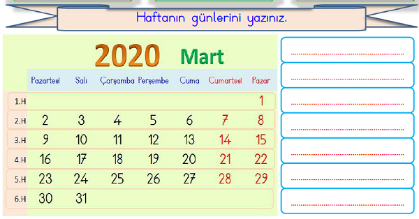 1. Sınıf Matematik Zamanı Ölçme -Takvim (Ay-Hafta-Gün) Etkinliği 1