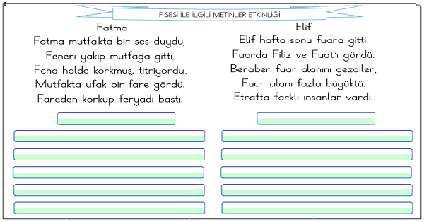 1. Sınıf İlk Okuma Yazma F Sesi Metinler Etkinliği