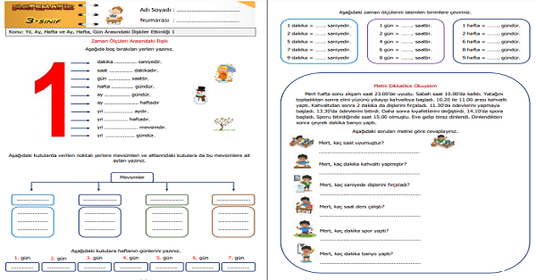 3. Sınıf Matematik Yıl, Ay, Hafta ve Ay, Hafta, Gün Arasındaki İlişkiler Etkinliği 1