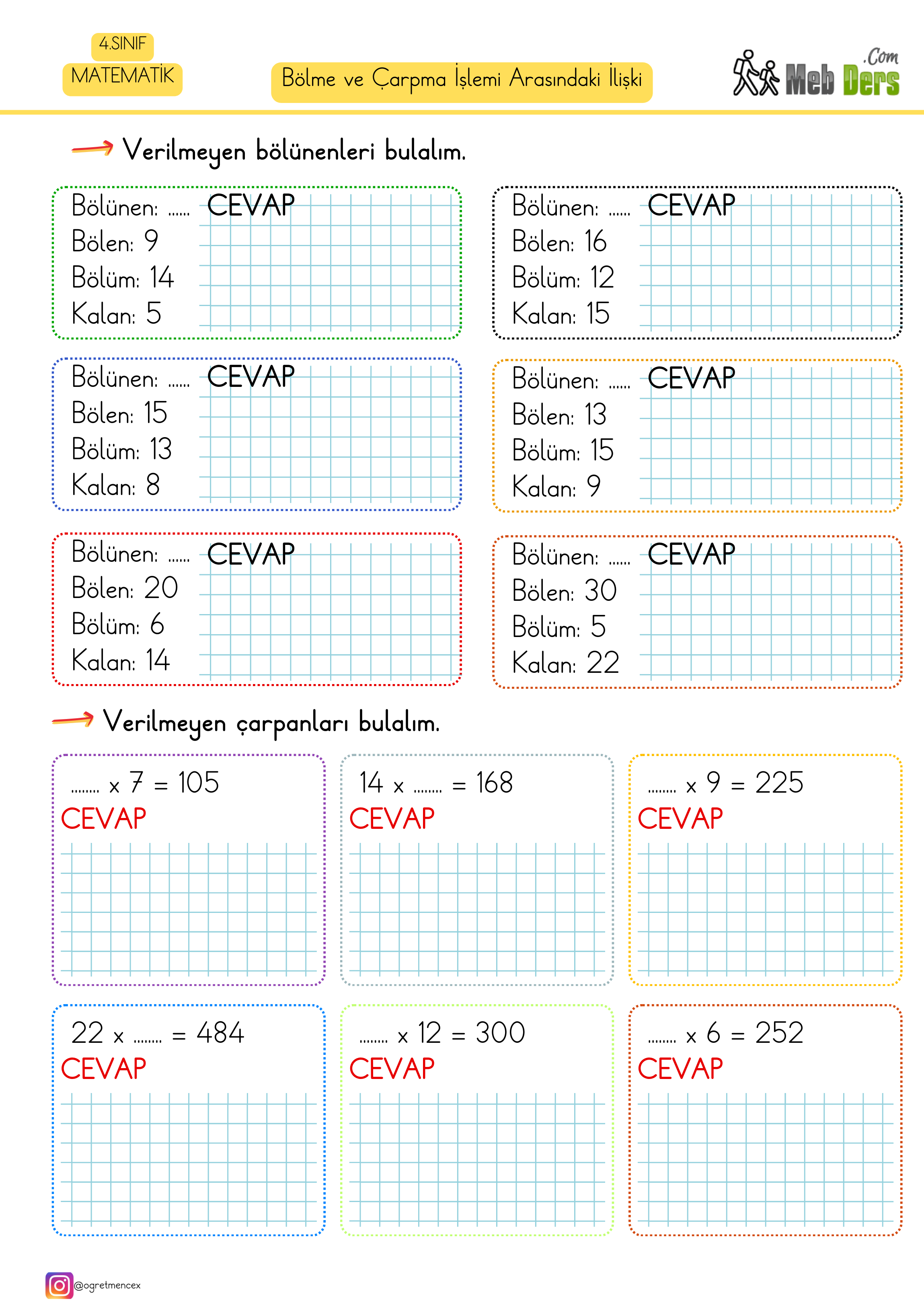 4. Sınıf Matematik Bölme ve Çarpma İşlemi Arasındaki İlişki Çalışma Sayfası