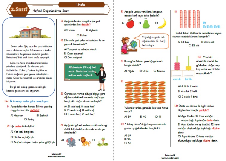 2. Sınıf Haftalık Değerlendirme Testi-1.Hafta(6-10 Eylül)