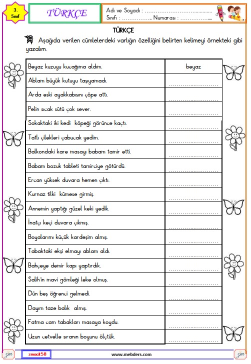 3. Sınıf Türkçe Varlıkların Özelliklerini Belirten Kelimeler Etkinliği