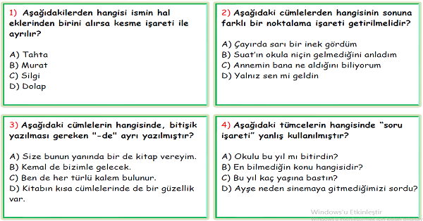 4. Sınıf Türkçe Noktalama İşaretleri ve Yazım Yanlışları Test-2