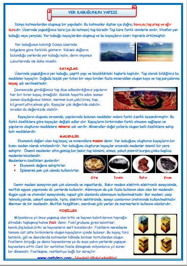 4. Sınıf Fen Bilimleri Yer Kabuğunun Yapısı Özet Çalışması