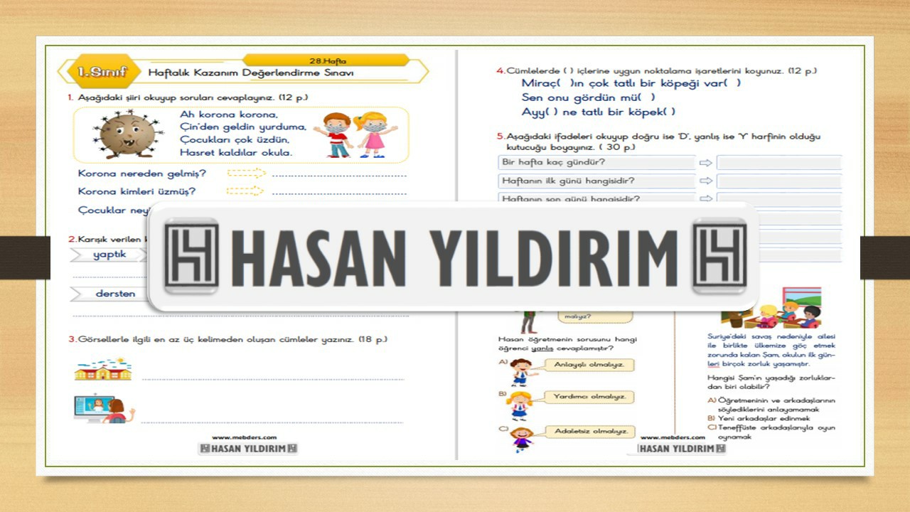 1. Sınıf Haftalık Değerlendirme Sınavı-28.Hafta(26-30 Nisan)