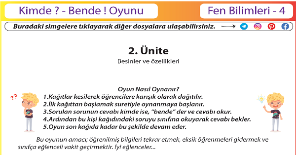 4. Sınıf Fen Bilimleri Kimde  Bende ! Oyunu (Besinler ve Özellikleri)