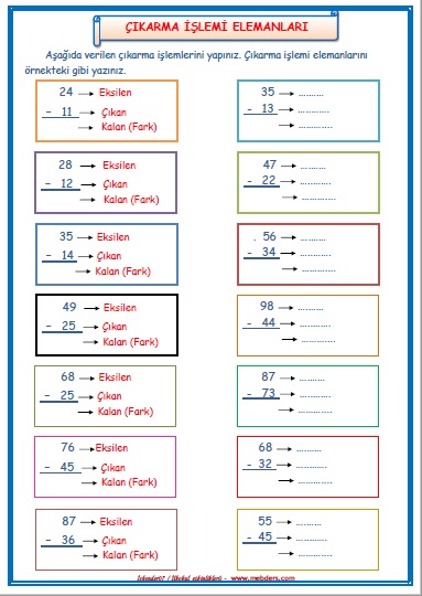 2. Sınıf Matematik Çıkarma İşlemi Elemanları