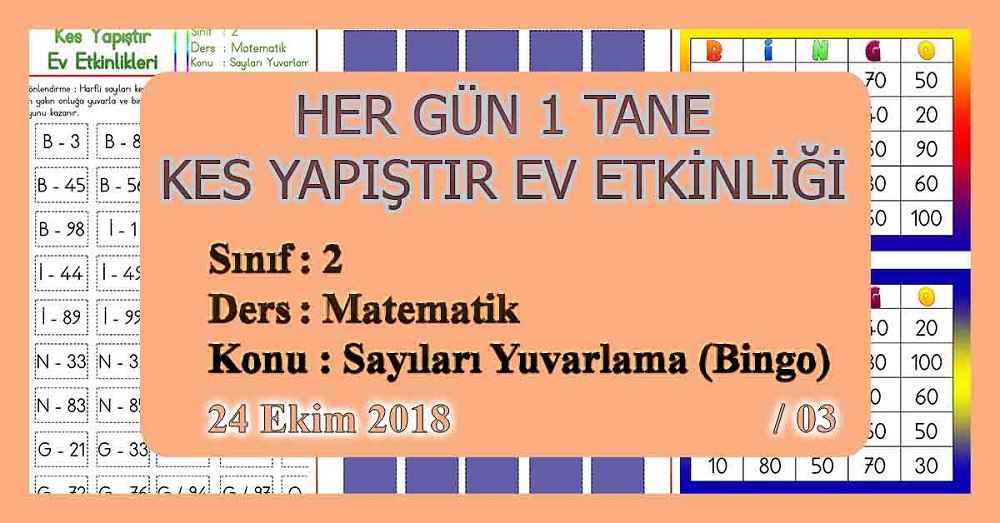 2. Sınıf Günlük Kes Yapıştır Ev Etkinliği - Sayıları Yuvarlama (Bingo)