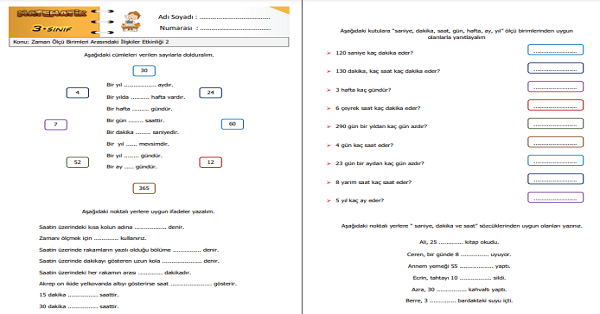 3. Sınıf Matematik Zaman Ölçü Birimleri Arasındaki İlişkiler Etkinliği 2