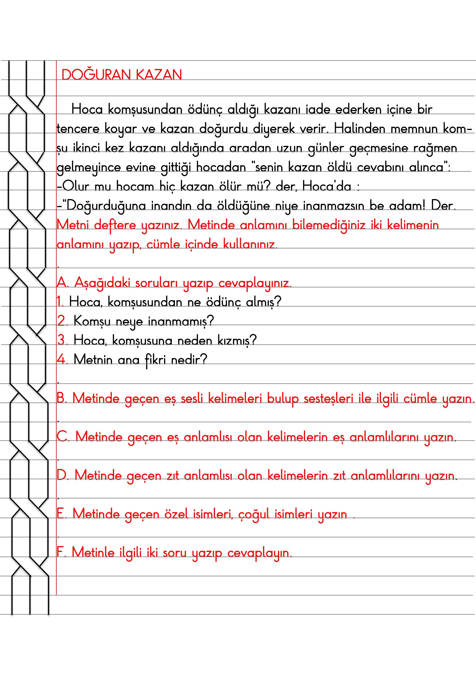 2. Sınıf - Türkçe Deftere Metin Çalışması