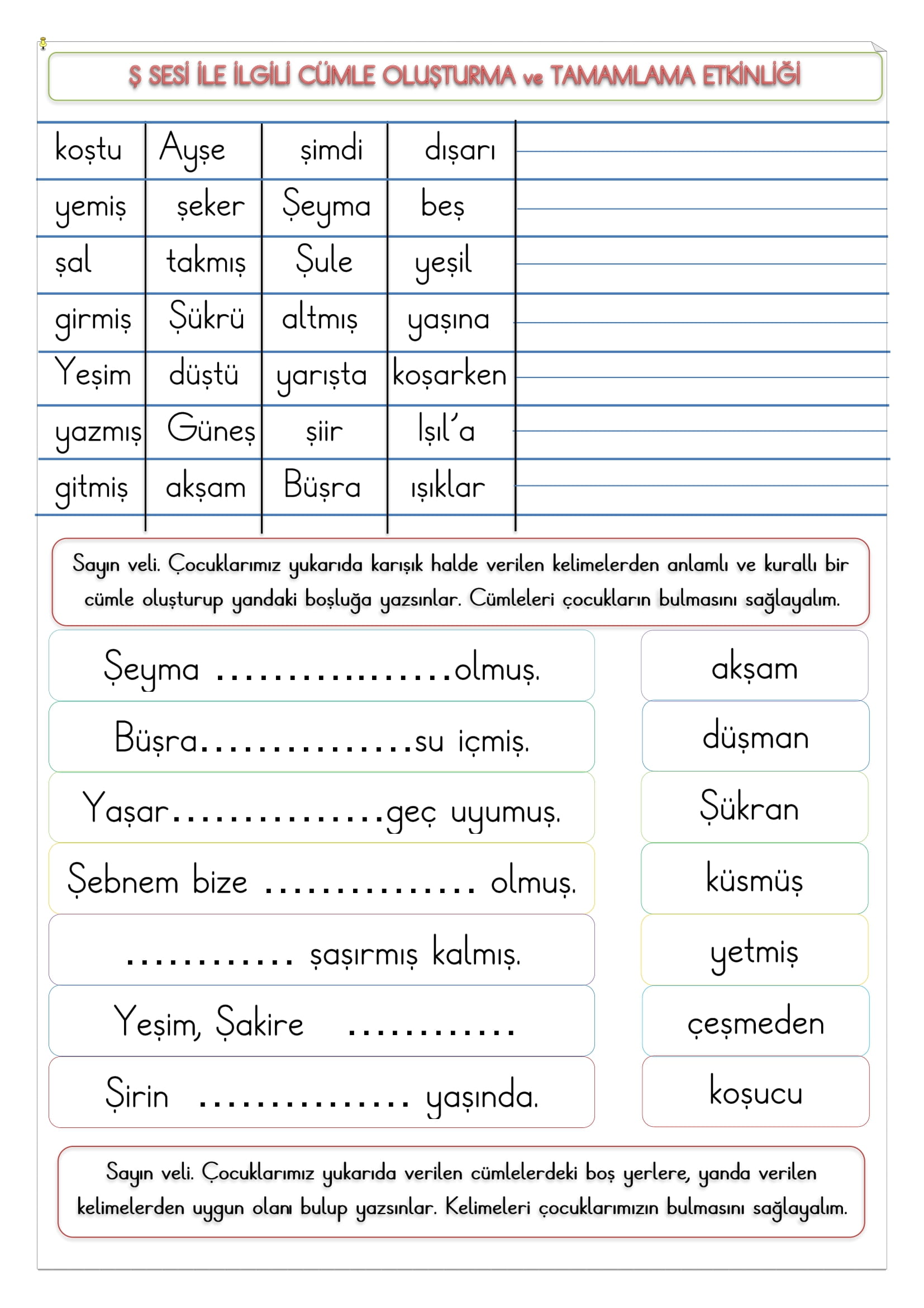 1. Sınıf İlk Okuma Yazma Ş Sesi Cümle Oluşturma ve Tamamlama Etkinliği