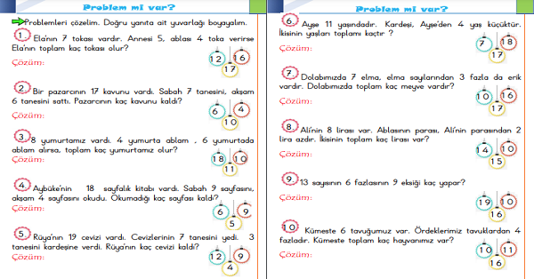 1. Sınıf Matematik Toplama ve Çıkarma İşlemi Problemleri 1