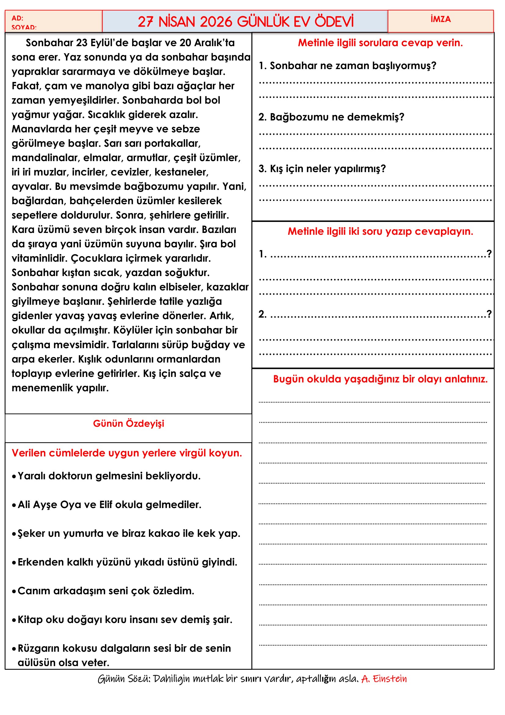 4. Sınıf - 27 Nisan 2026 Günlük Ev Ödevleri