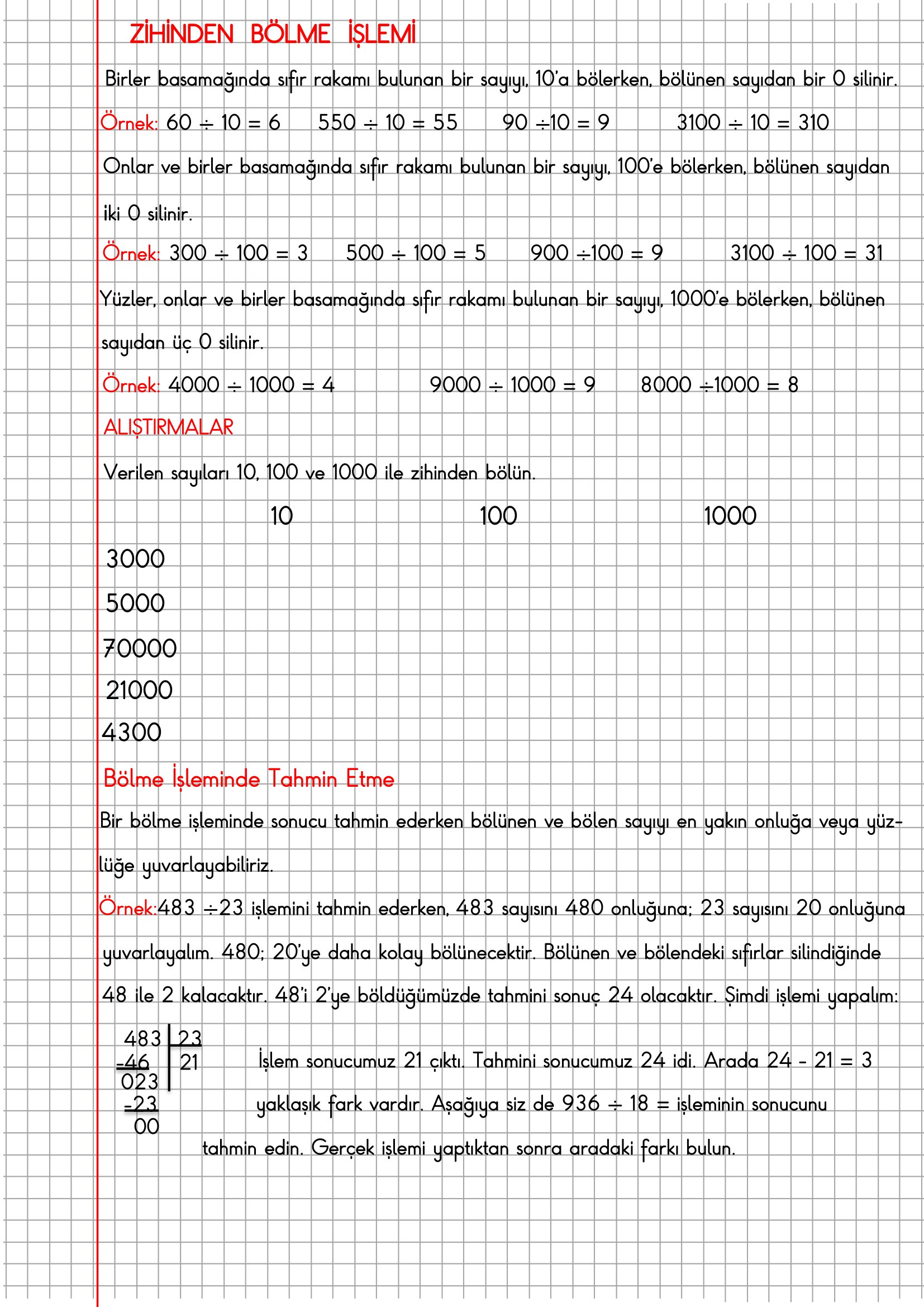 4. Sınıf Matematik Kareli Defterde Zihinden Bölme İşlemi Konu Anlatımı