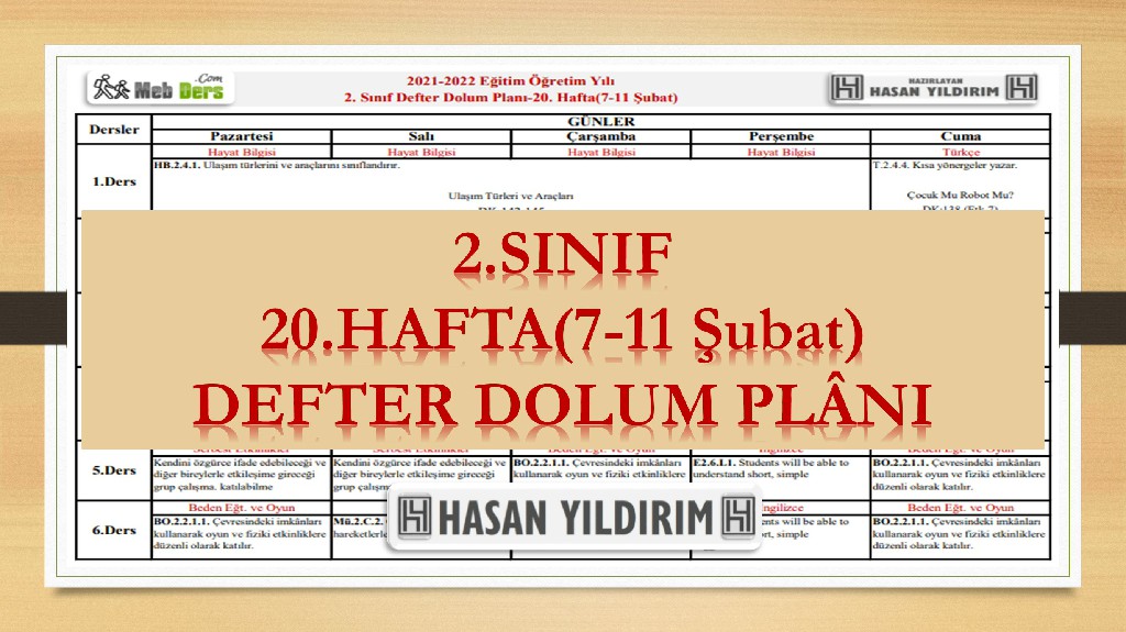 2. Sınıf 20.Hafta(7-11 Şubat) Defter Dolum Planı