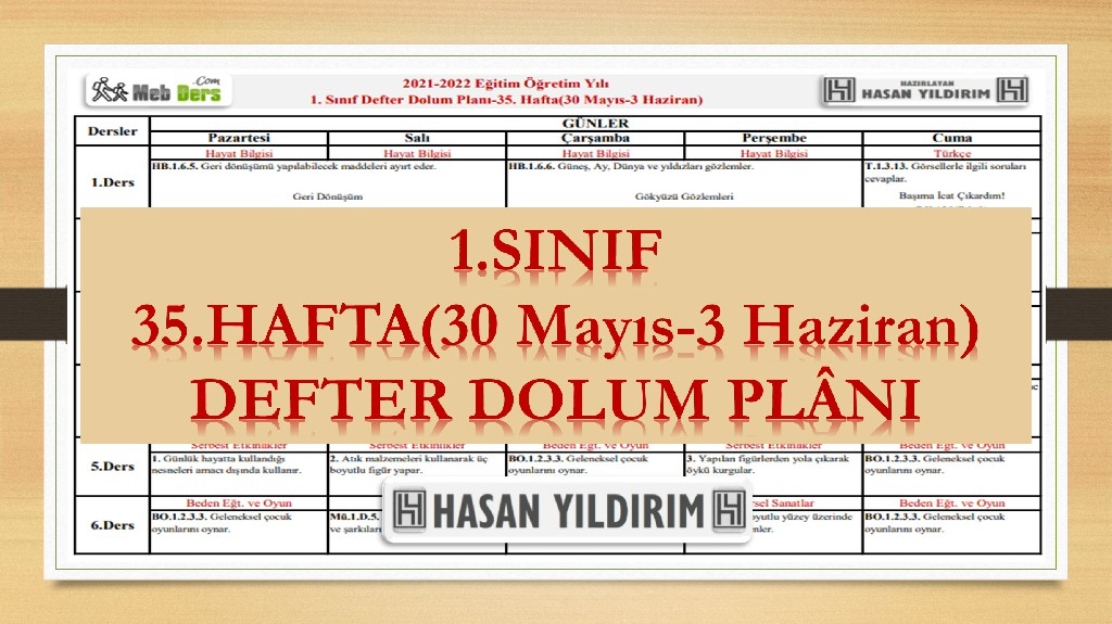 1. Sınıf 35.Hafta(30 Mayıs-3 Haziran) Defter Dolum Planı