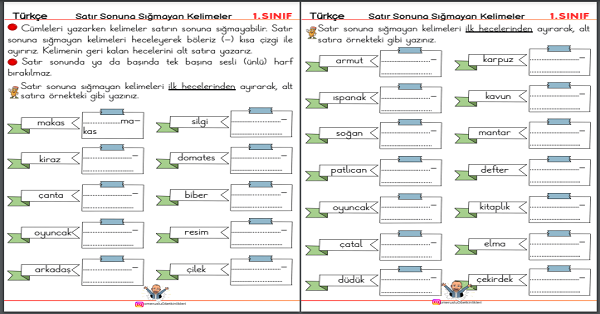 1. Sınıf Türkçe Satır Sonuna Sığmayan Kelimeler Etkinlik Çalışmaları (4 Sayfa)