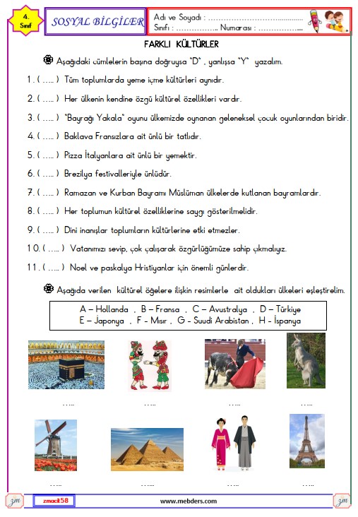 4. Sınıf Sosyal Bilgiler Farklı Kültürler Etkinliği