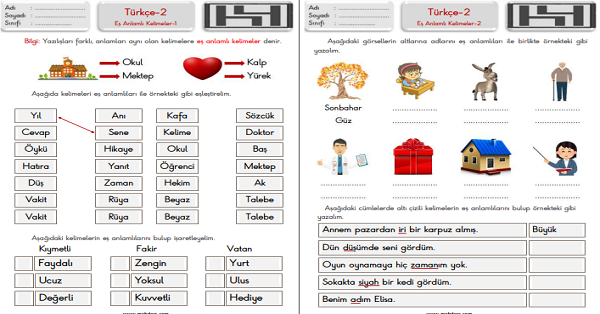 2. Sınıf Türkçe Eş Anlamlı Kelimeler Çalışma Sayfaları