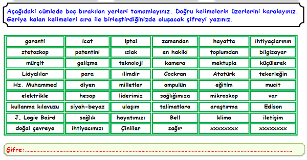 4. Sınıf Sosyal Bilgiler İyi ki Var Ünitesi Boşluk Doldurma Etkinliği