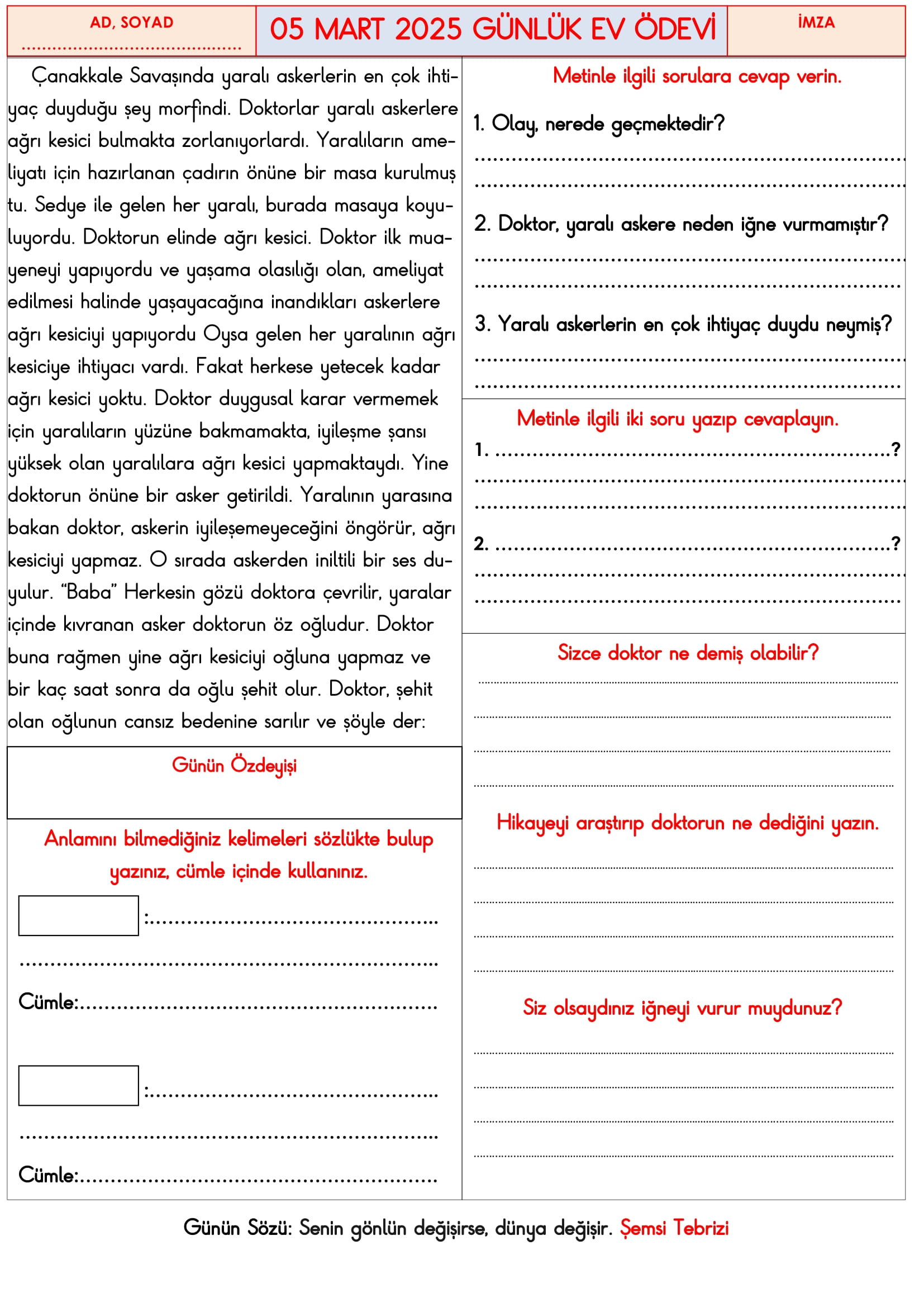 3. Sınıf 05 Mart 2025 Günlük Ev Ödevi