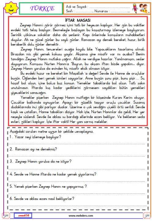 3. Sınıf Türkçe Okuma ve Anlama Metni Etkinliği 10 (İftar Masası)
