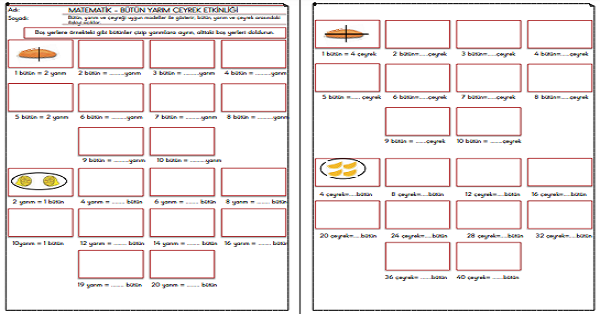 2. Sınıf - Matematik - Bütün Yarım Çeyrek Etkinliği-1