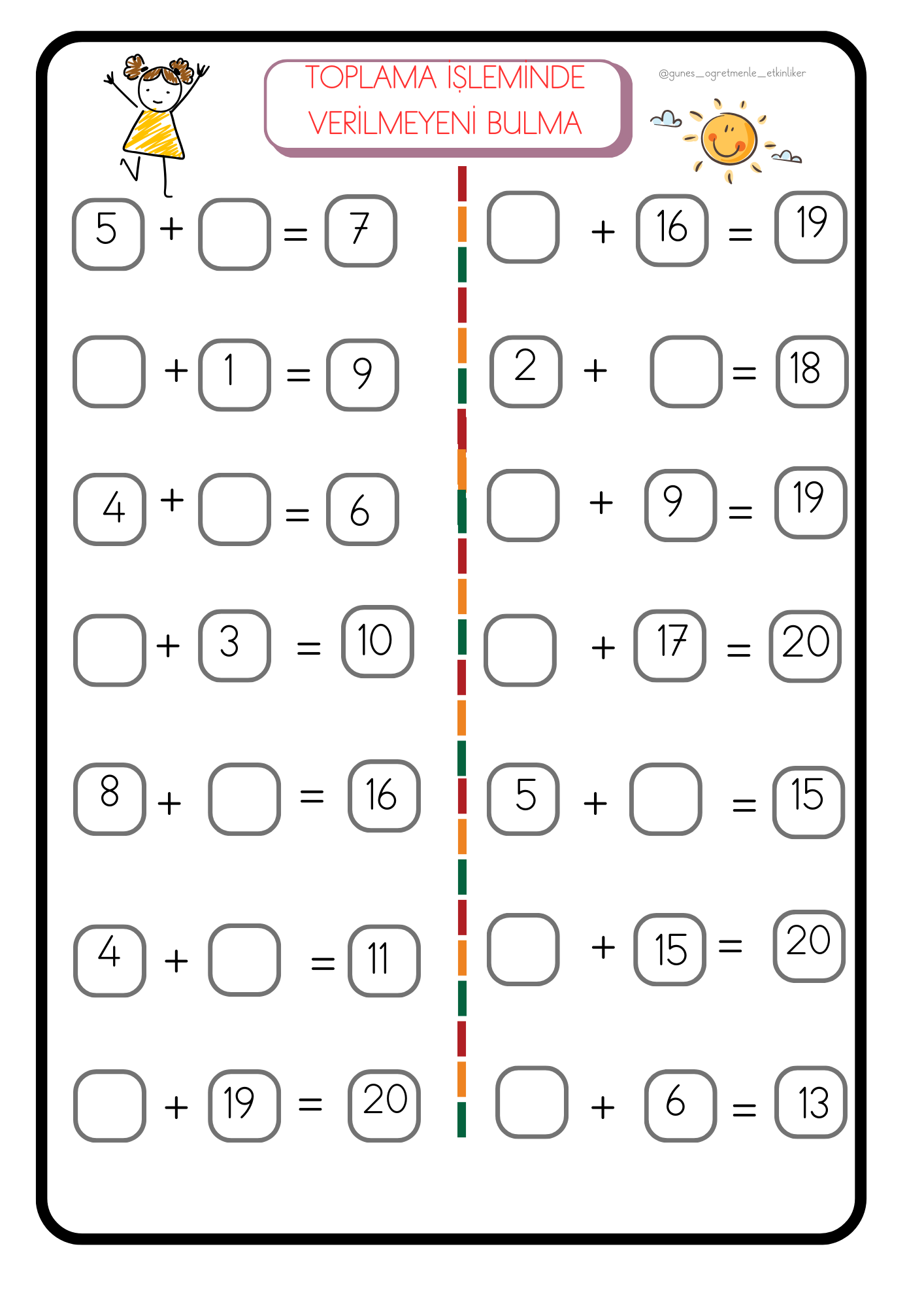 1. Sınıf Matematik Toplama İşleminde Verilmeyeni Bulma