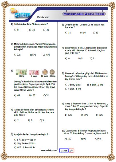 3. Sınıf Matematik Paralarımız Testi