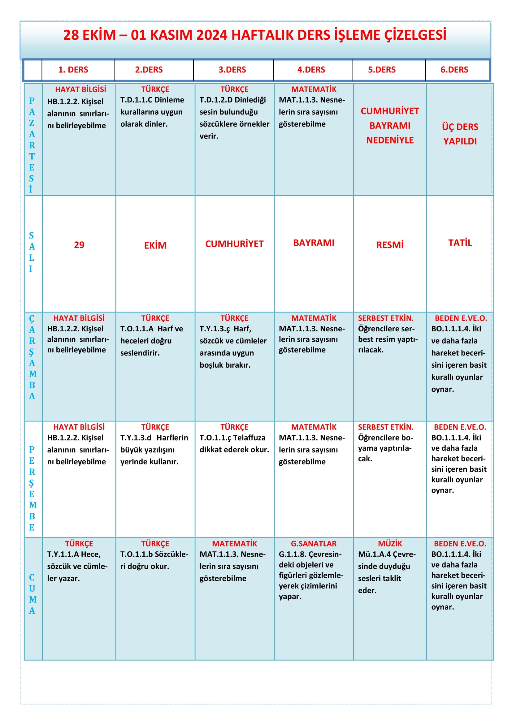 1. Sınıf 28 Ekim - 01 Kasım 2024 Haftalık Ders İşleme Çizelgesi