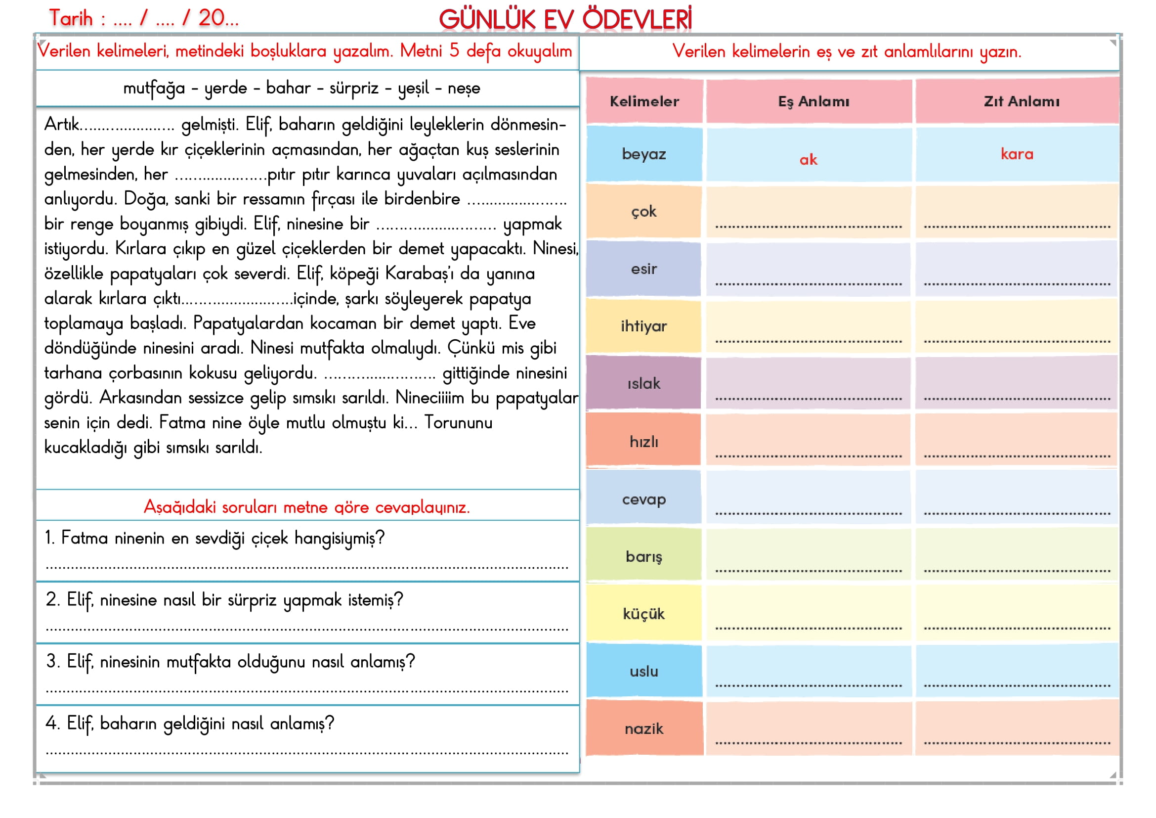 2. Sınıf 06 Mart 2025 Günlük Ev Ödevi