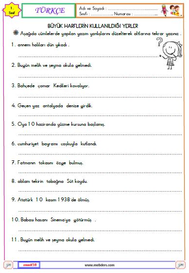 1. Sınıf Türkçe Büyük Harflerin Kullanıldığı Yerler ve Kesme İşareti Etkinliği