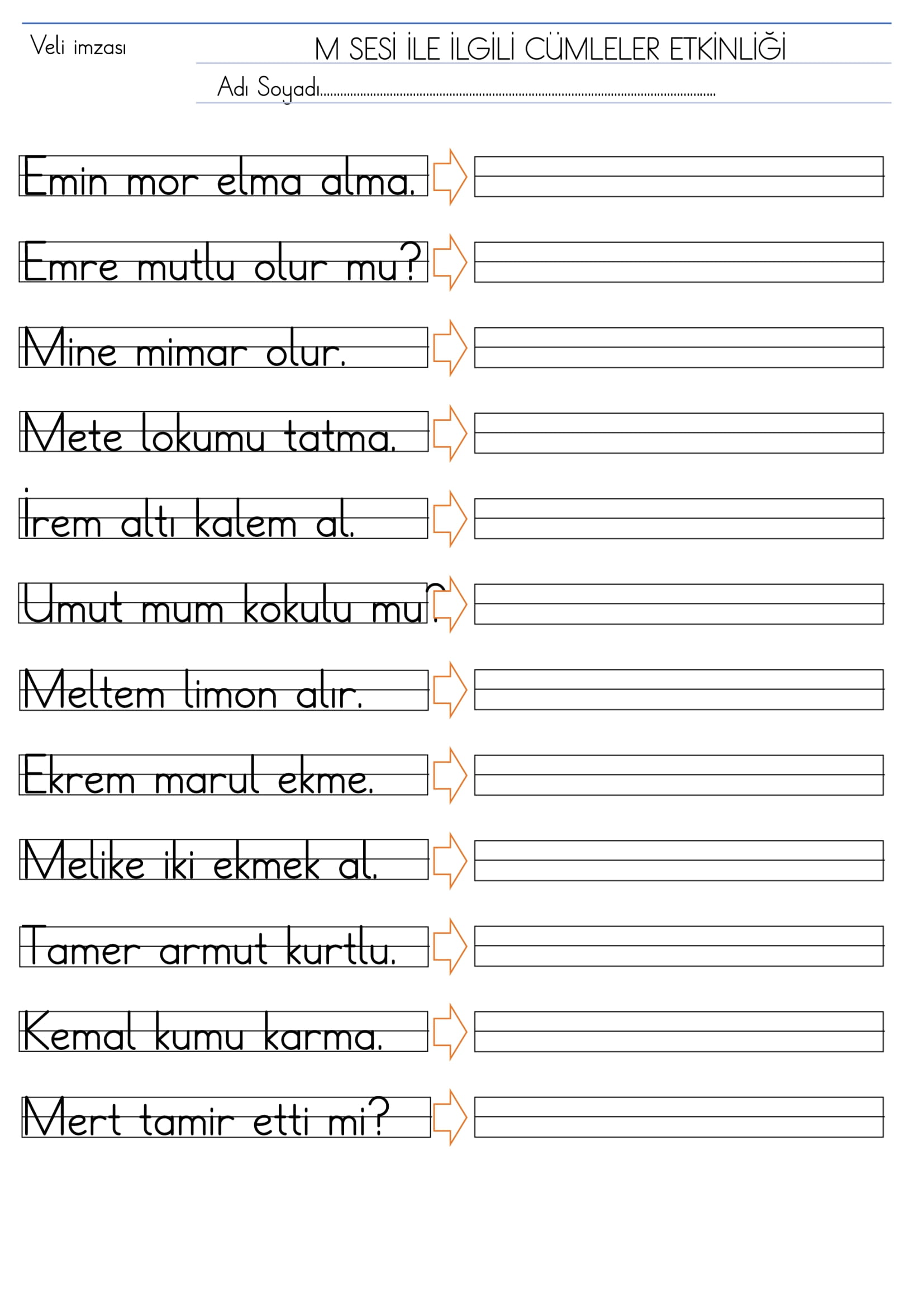 1. Sınıf İlk Okuma Yazma M Sesi Cümleler Etkinliği