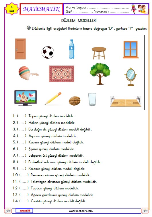 4. Sınıf Matematik Düzlem Modelleri Etkinliği 2