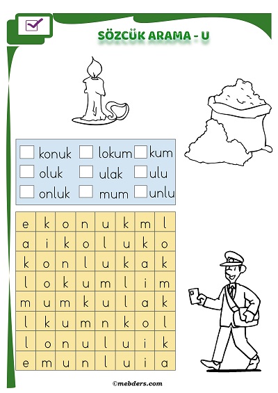 1. Sınıf İlkokuma Boyamalı Sözcük Arama Etkinliği - U Sesi