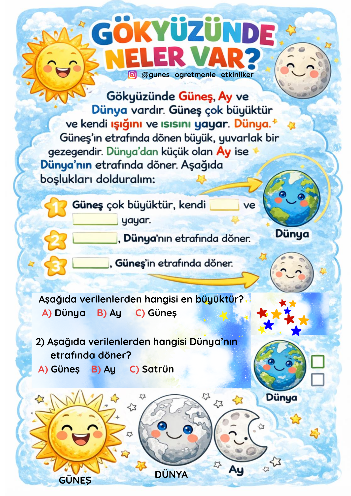 1. Sınıf Hayat Bilgisi Gökyüzünde Neler Var Kes-Yapıştır Etkinlikleri
