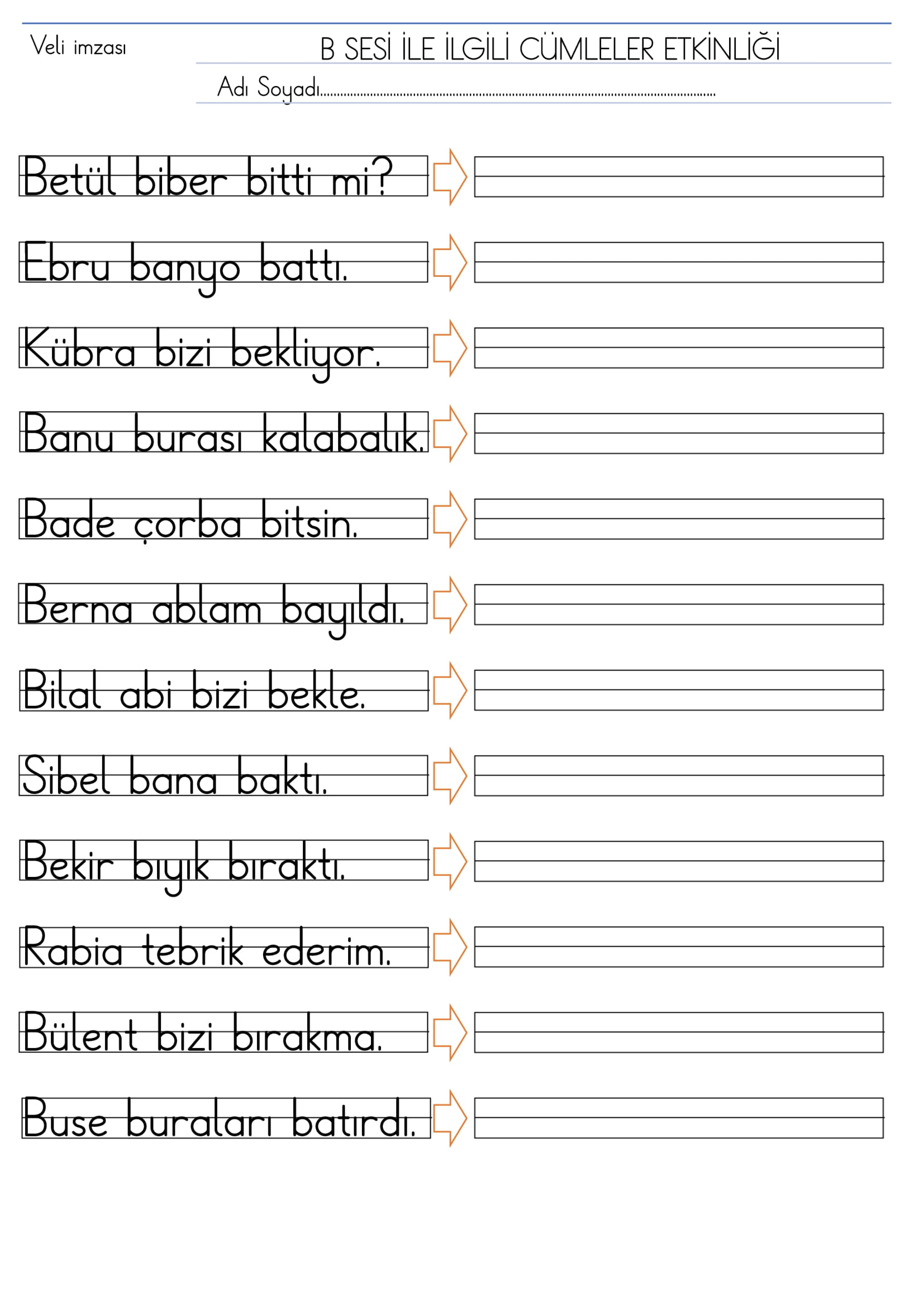 1. Sınıf İlk Okuma Yazma B Sesi Cümleler Etkinliği
