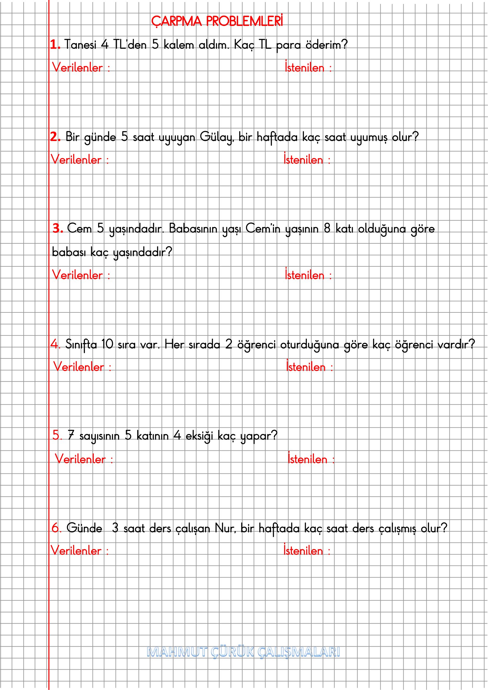 2. Sınıf Matematik Kareli Defterde Çarpma Problemleri