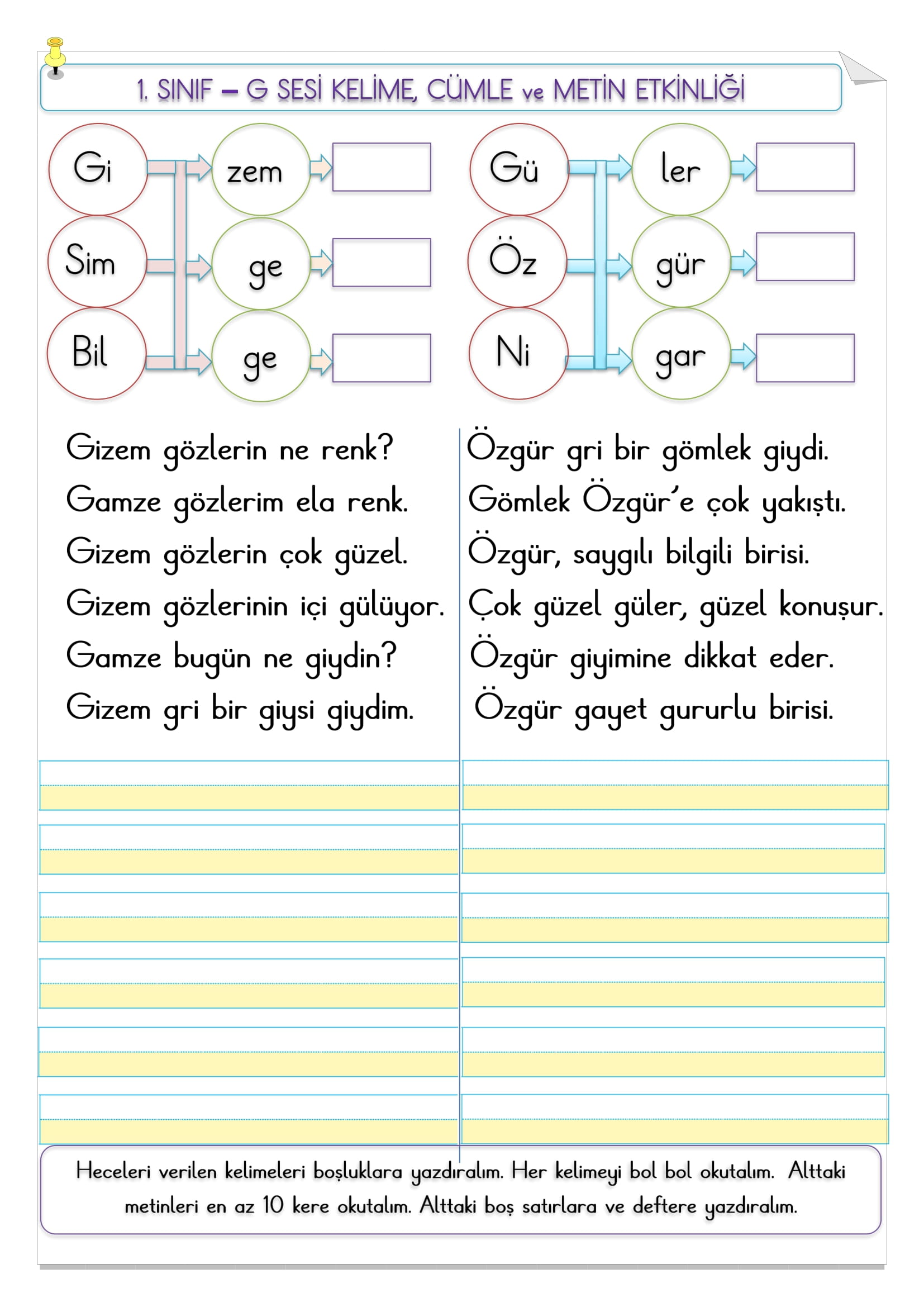 1. Sınıf İlk Okuma Yazma G Sesi Kelime, Cümle Ve Metin Etkinliği
