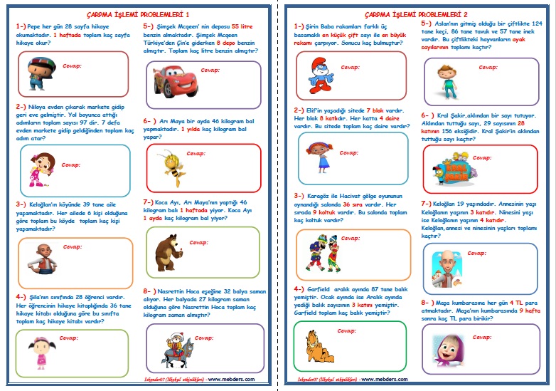 3. Sınıf Matematik Çarpma İşlemi Problemleri    ( 5 Sayfa - 32 Soru)