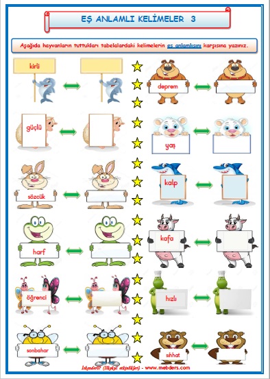 1. Sınıf Türkçe Eş Anlamlı Kelimeler 3