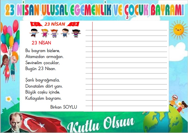 1. Sınıf Türkçe Güzel Yazı Çalışması 3 (23 Nisan Şiiri)