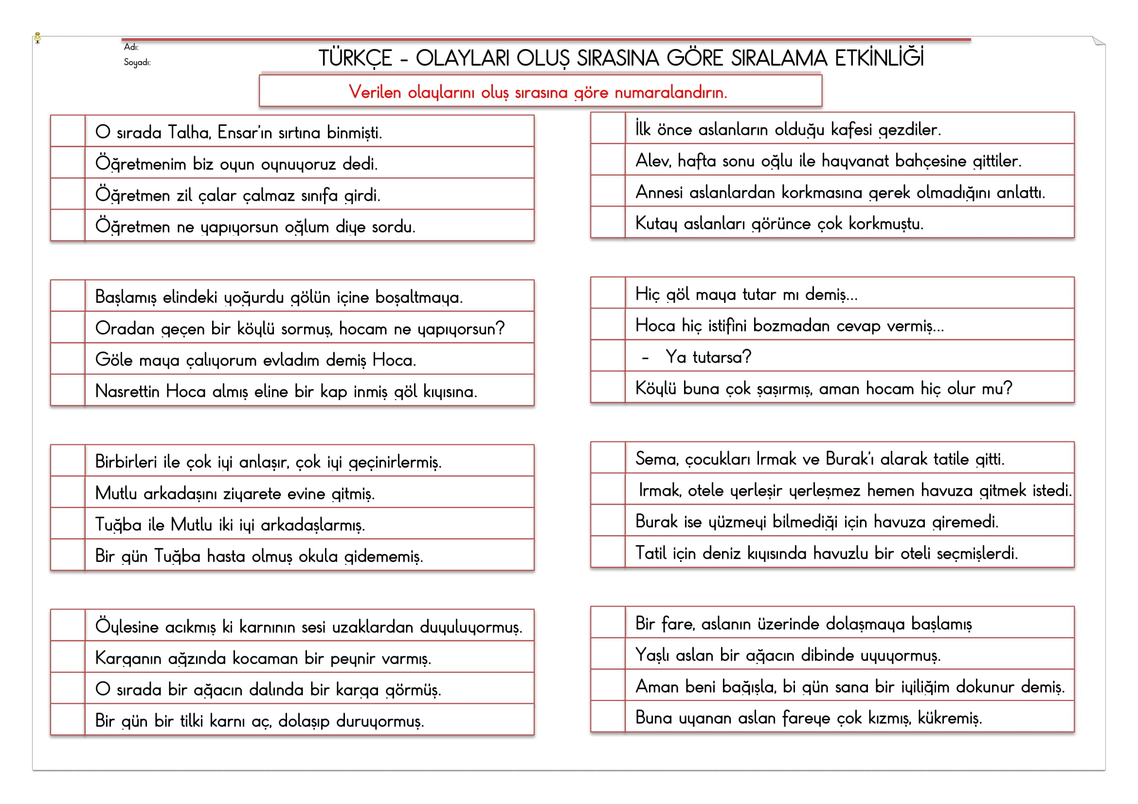 2. Sınıf - Türkçe - Olayları Oluş Sırasına Göre Sıralama Etkinliği