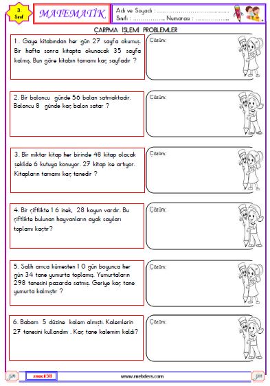 3. Sınıf Matematik Çarpma İşlemi ile İlgili Problemler Etkinliği 4