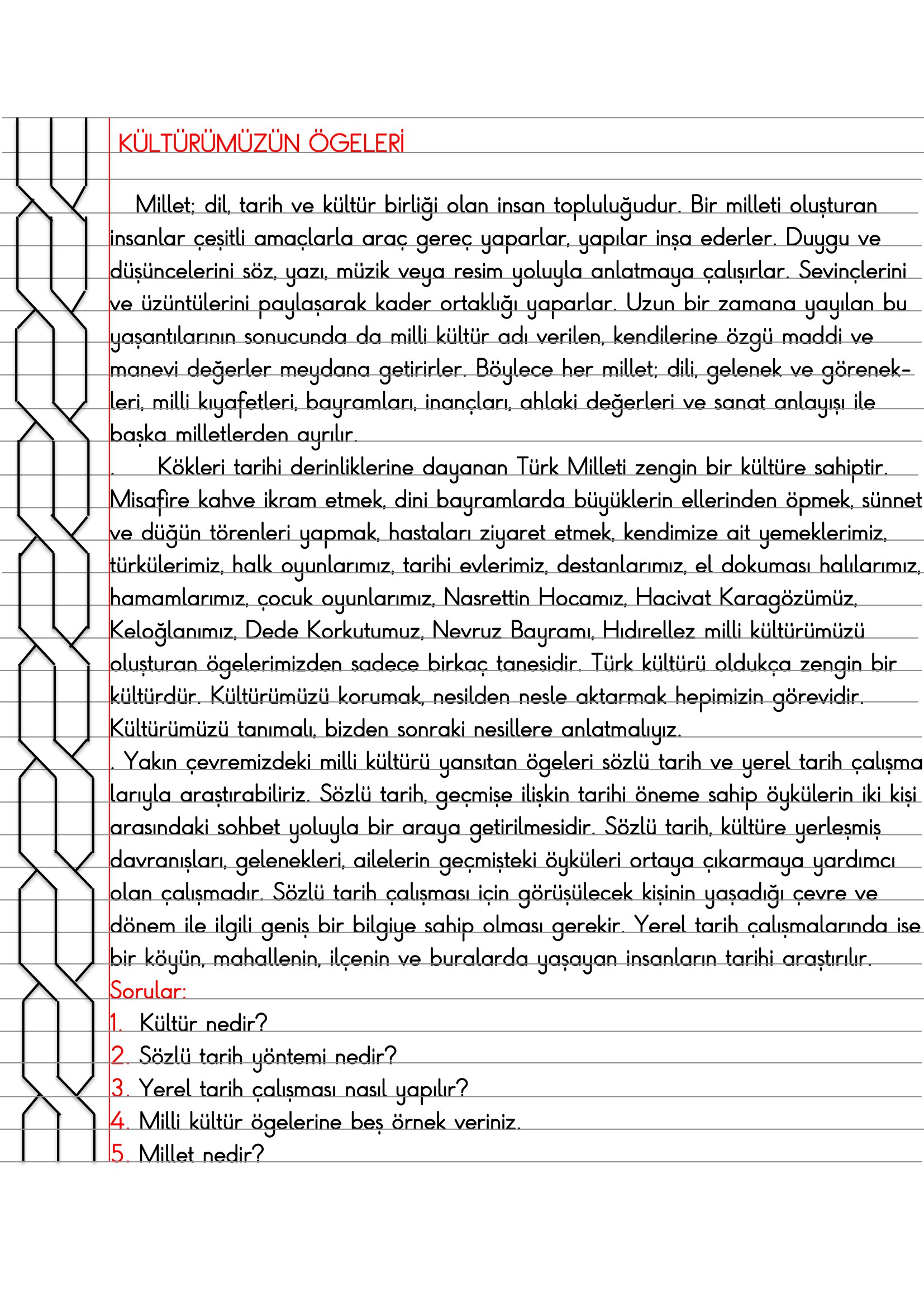 4. Sınıf - Sosyal Bilgiler - Kültürümüzün Ögeleri Defter Özeti