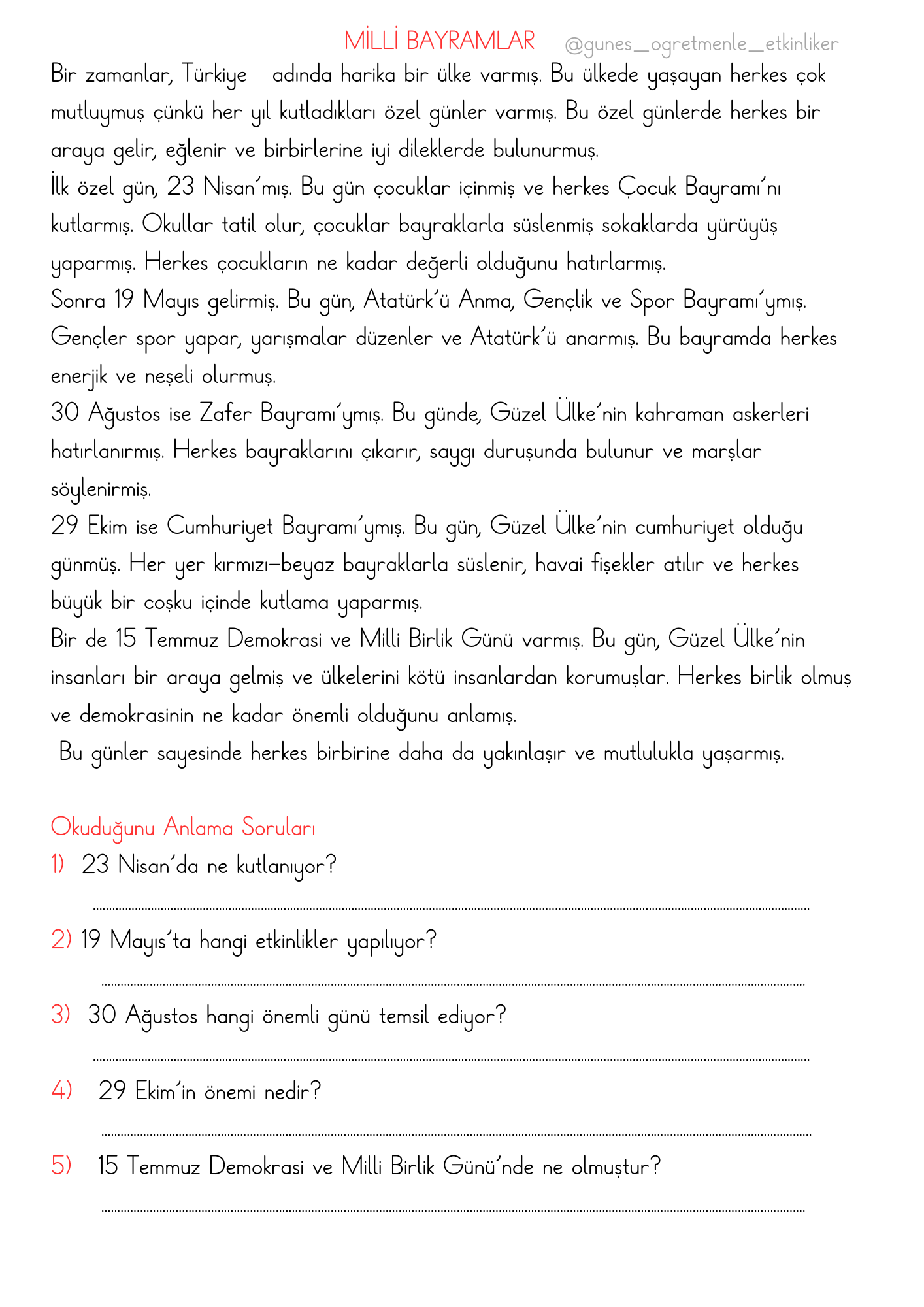 1. Sınıf Türkçe Milli Bayramlar Okuma Anlama Metni