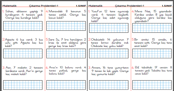 1. Sınıf Matematik Çıkarma İşlemi Problemleri (5 Sayfa)