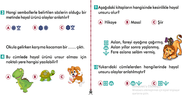 2. Sınıf Türkçe Hayal ve Gerçek Unsurlar Kazanım Testi