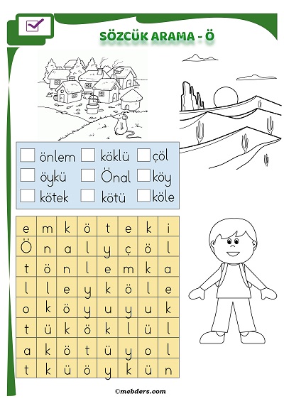 1. Sınıf İlkokuma Boyamalı Sözcük Arama Etkinliği - Ö Sesi